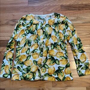 Garnet Hill Signature Merino Cardigan. Whimsical lemon print. Small. Like new